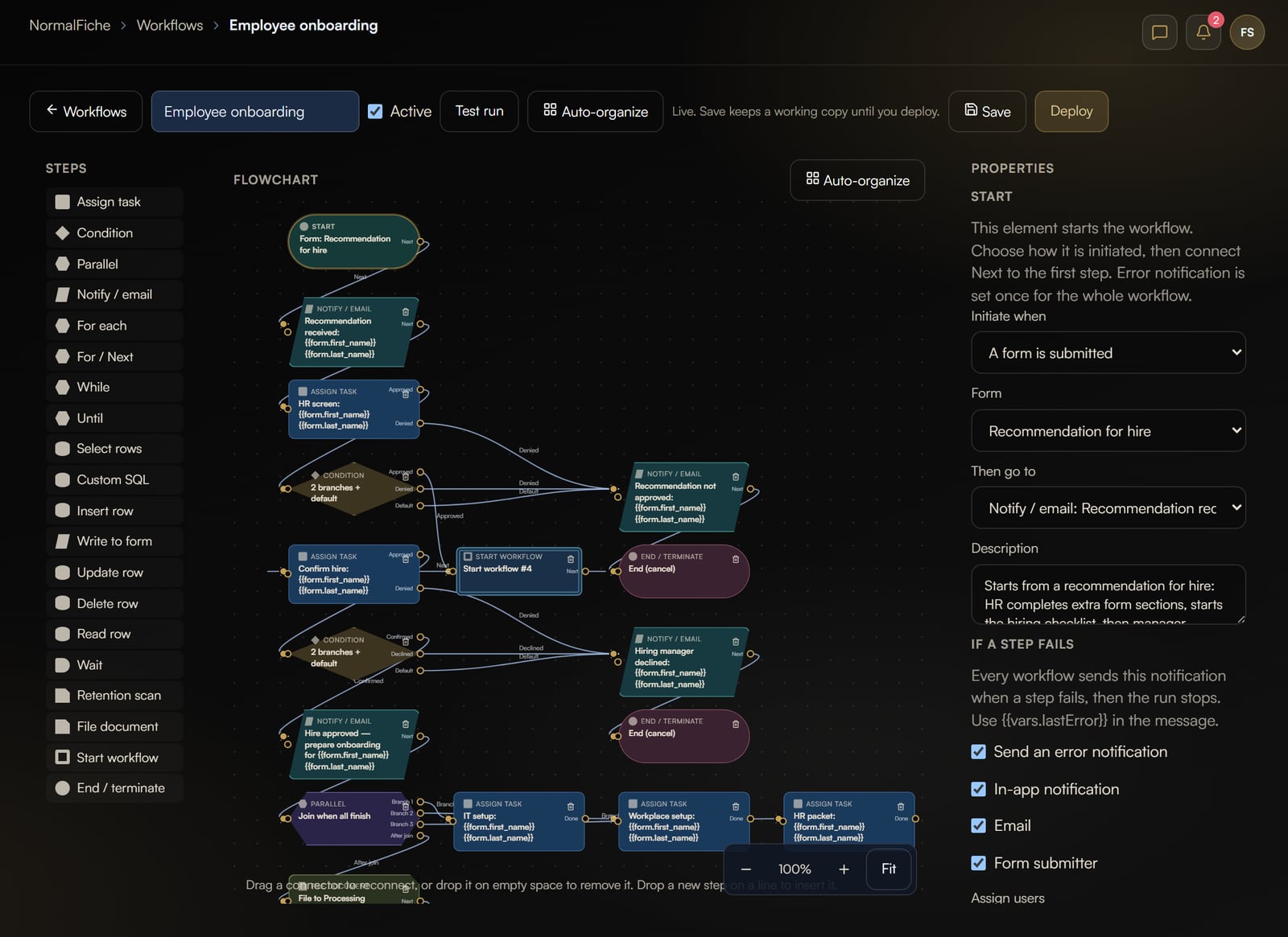Workflow canvas with connected steps